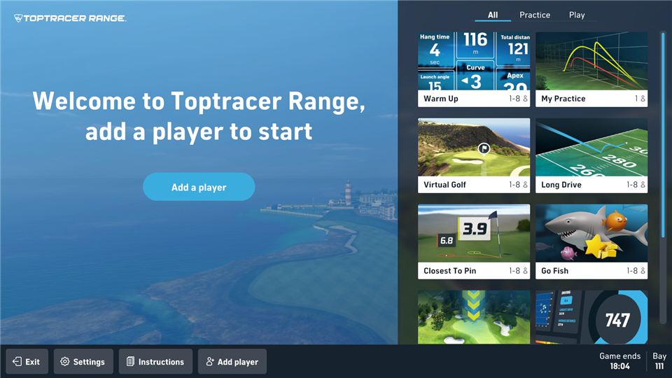 Toptracer main menu on the bay touchscreen